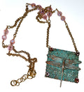 Verdigris Patina Solid Brass Dragonfly on Floral Pattern Long Necklace - Champagne and Rose Crystals