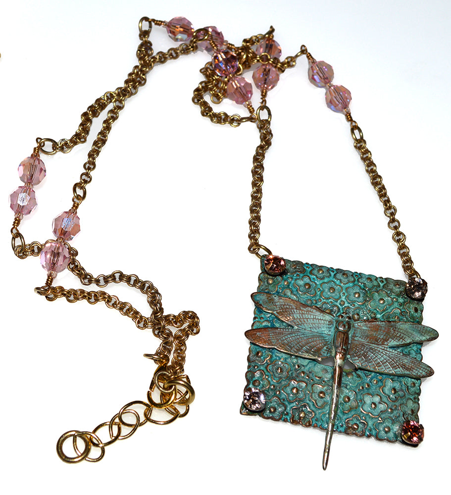 Verdigris Patina Solid Brass Dragonfly on Floral Pattern Long Necklace - Champagne and Rose Crystals