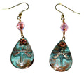 Verdigris Patina Brass Dragonfly Teardrop Dangle Earrings - Rose Crystals