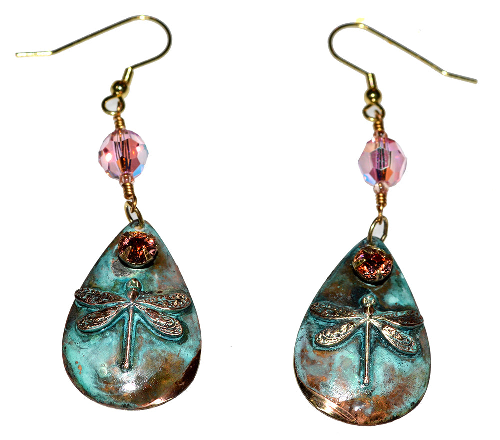 Verdigris Patina Brass Dragonfly Teardrop Dangle Earrings - Rose Crystals