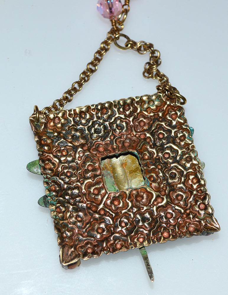 Verdigris Patina Solid Brass Dragonfly on Floral Pattern Long Necklace - Champagne and Rose Crystals