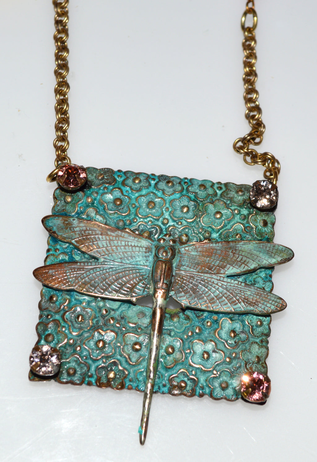 Verdigris Patina Solid Brass Dragonfly on Floral Pattern Long Necklace - Champagne and Rose Crystals