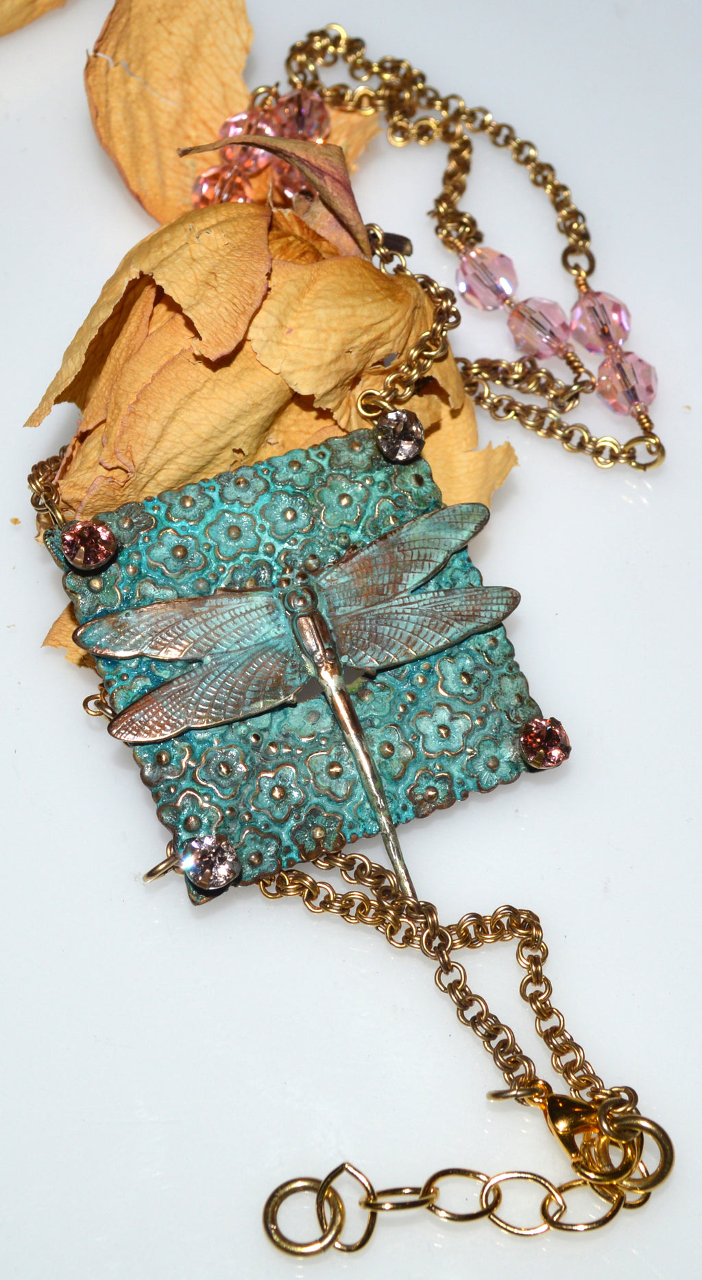 Verdigris Patina Solid Brass Dragonfly on Floral Pattern Long Necklace - Champagne and Rose Crystals