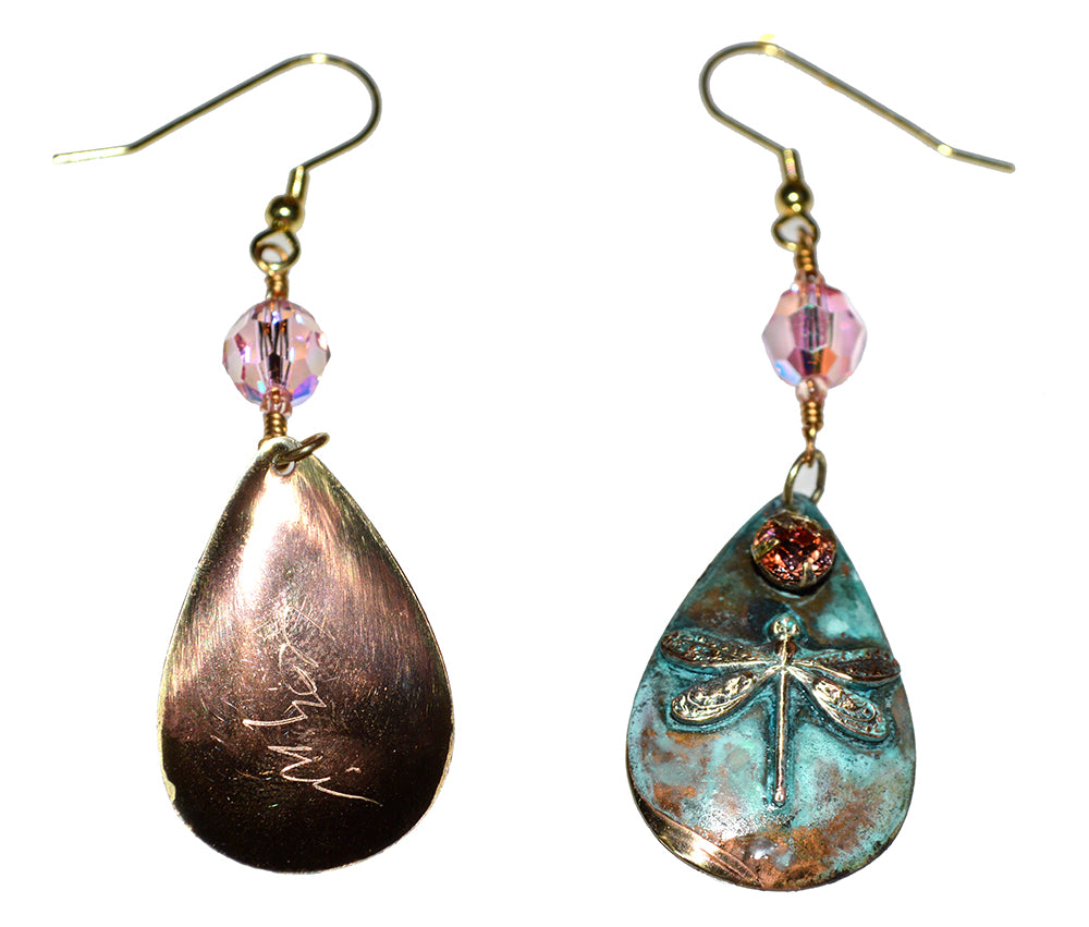 Verdigris Patina Brass Dragonfly Teardrop Dangle Earrings - Rose Crystals