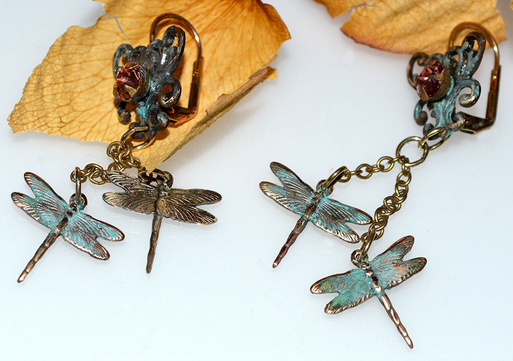 Verdigris Patina Dual Dragonfly Double Dangle Earrings - Rose Crystals