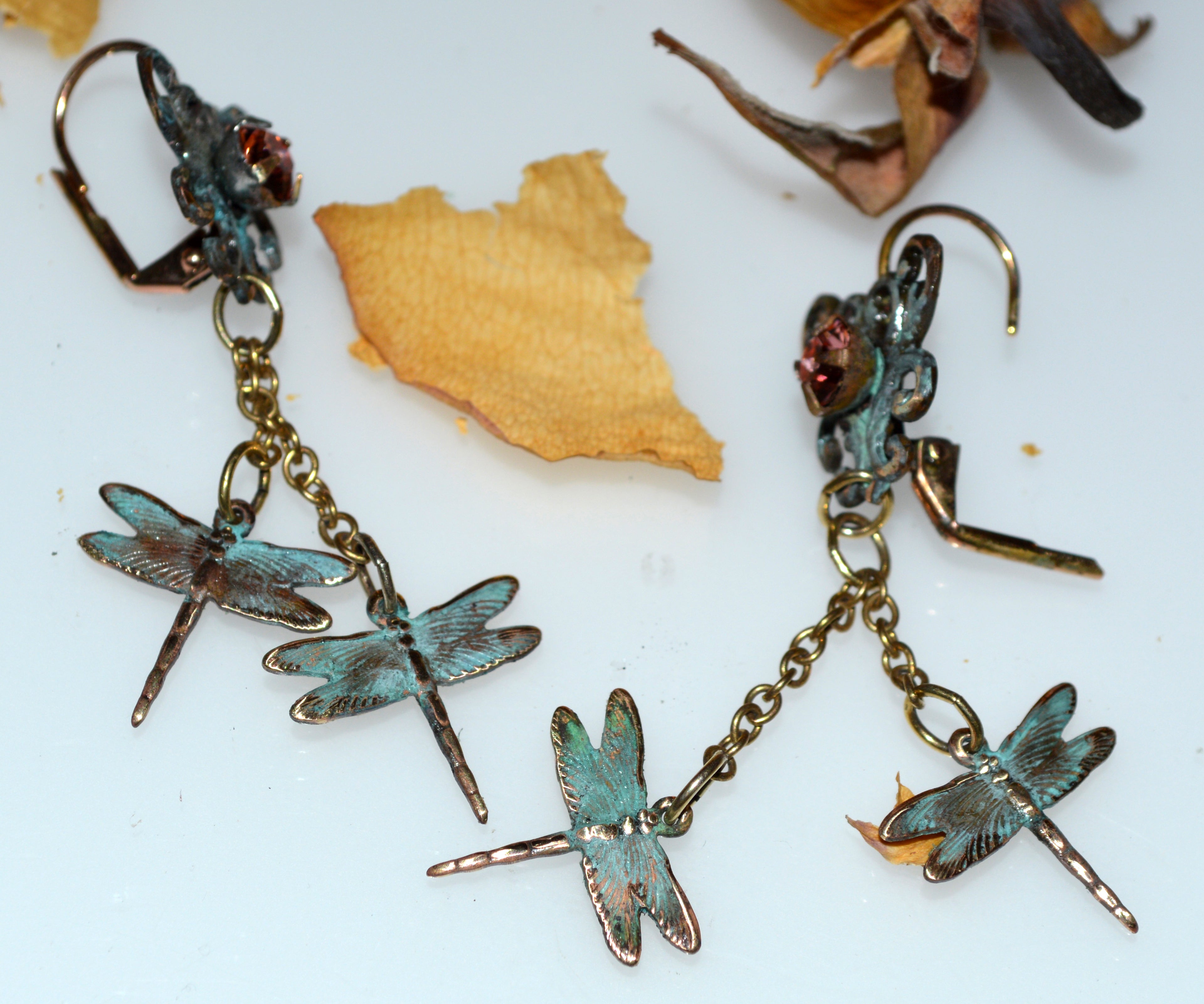 Verdigris Patina Dual Dragonfly Double Dangle Earrings - Rose Crystals