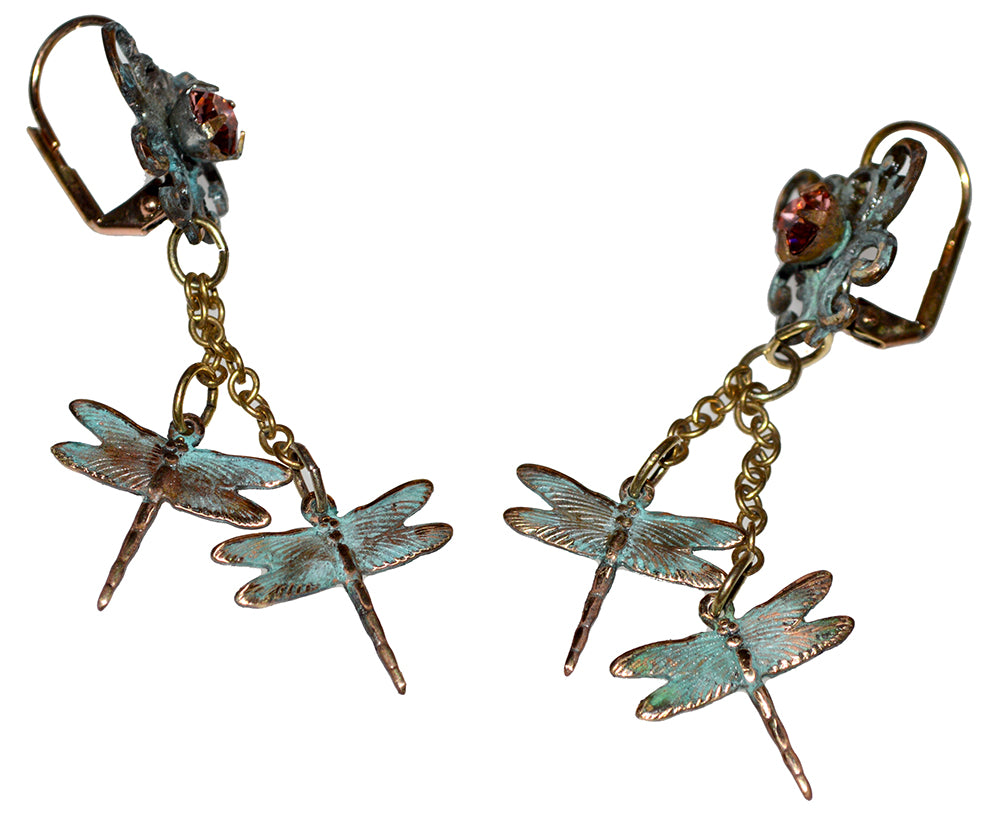 Verdigris Patina Dual Dragonfly Double Dangle Earrings - Rose Crystals