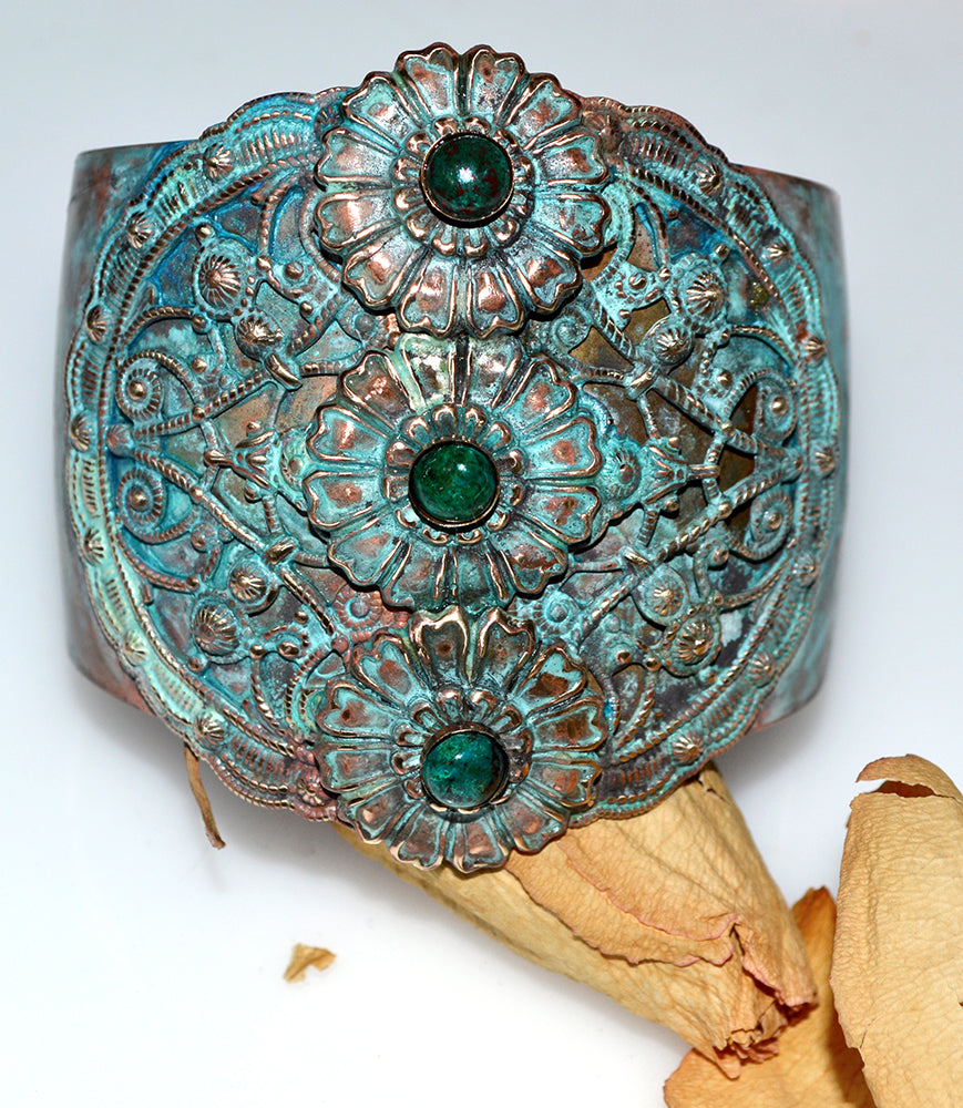 Byzantine And Zinnia Patina Brass Wide Graduated Cuff Bracelet - Chyroscolla