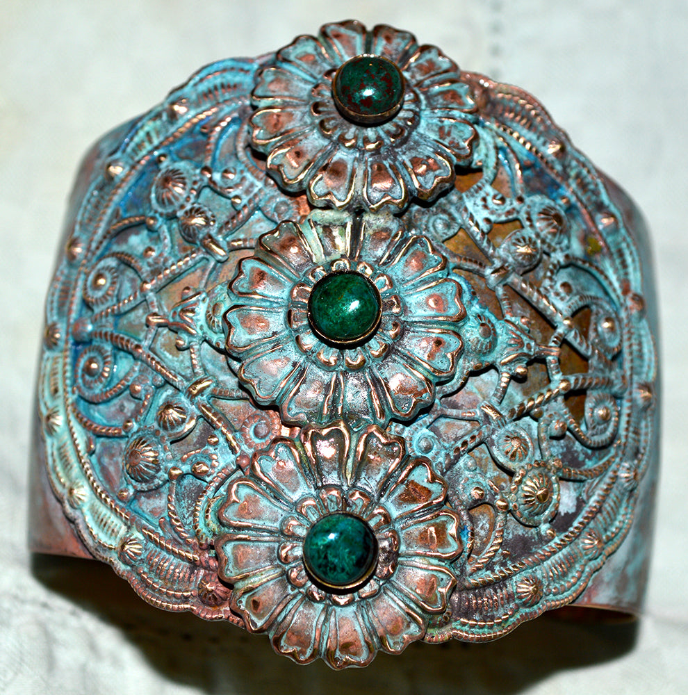 Byzantine And Zinnia Patina Brass Wide Graduated Cuff Bracelet - Chyroscolla