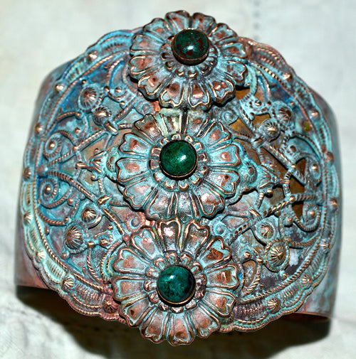 Byzantine And Zinnia Patina Brass Wide Graduated Cuff Bracelet - Chyroscolla