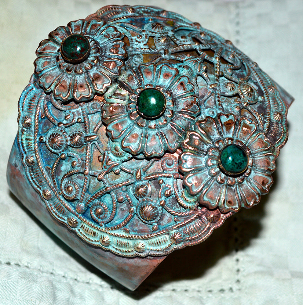 Byzantine And Zinnia Patina Brass Wide Graduated Cuff Bracelet - Chyroscolla