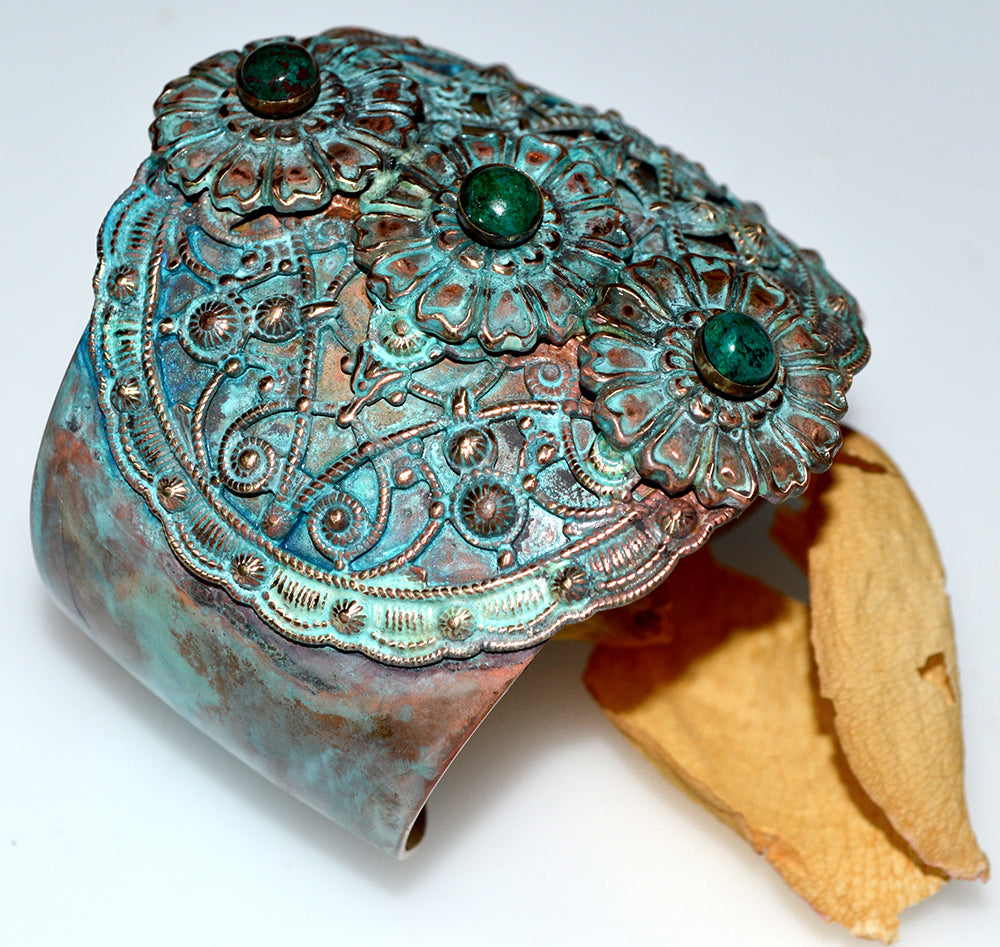 Byzantine And Zinnia Patina Brass Wide Graduated Cuff Bracelet - Chyroscolla