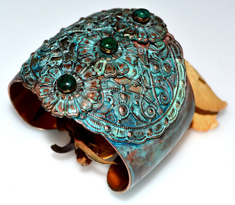 Byzantine And Zinnia Patina Brass Wide Graduated Cuff Bracelet - Chyroscolla