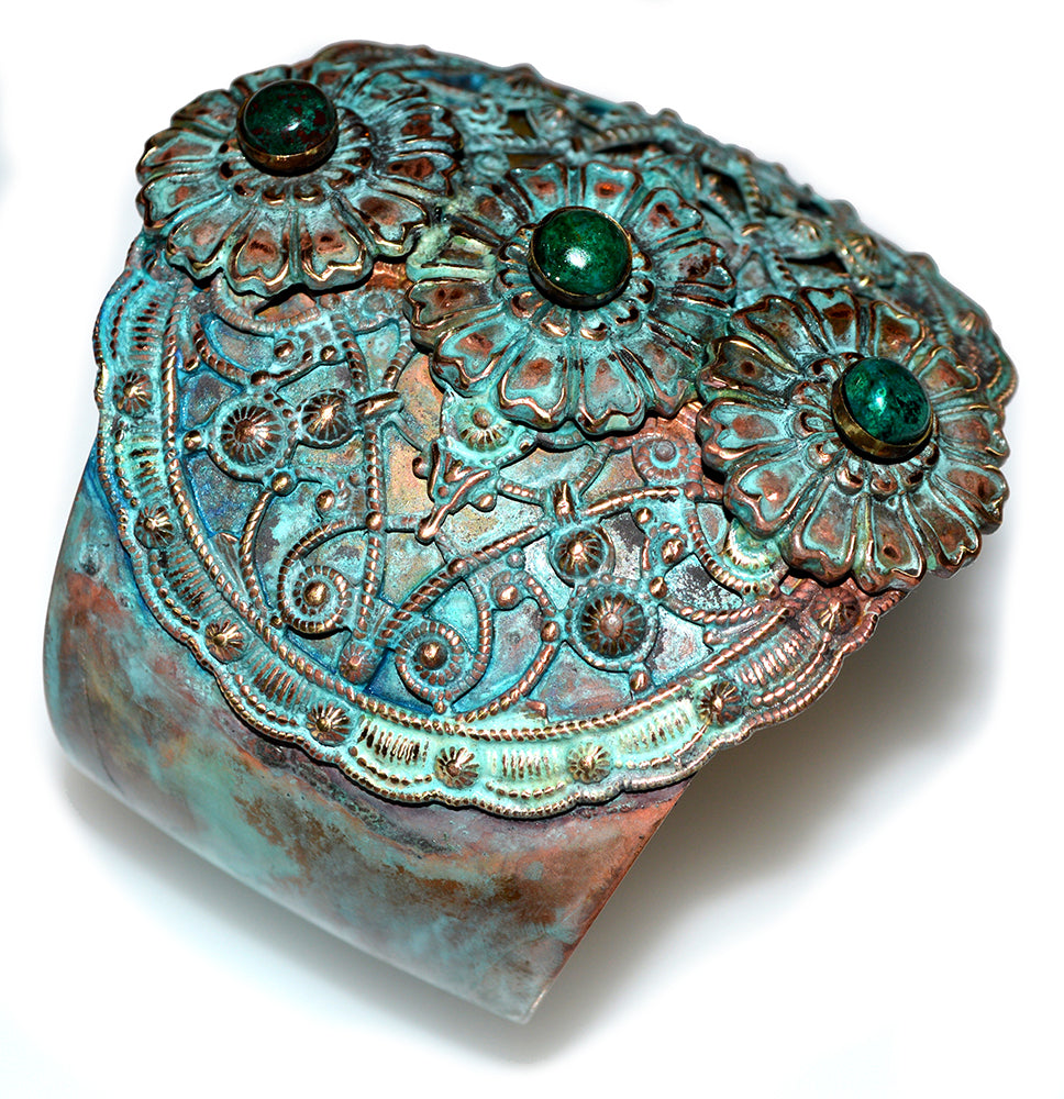 Byzantine And Zinnia Patina Brass Wide Graduated Cuff Bracelet - Chyroscolla