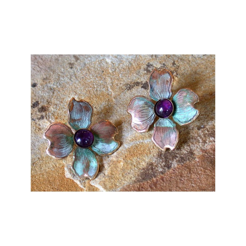 Verdigris Patina Solid Brass Dogwood Flower Earrings - Amethyst  Semi-Precious Stones