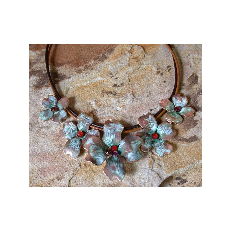 Verdigris Patina Brass Graduated Dogwood Flowers Necklace - Amethyst, Carnelian, Garnet