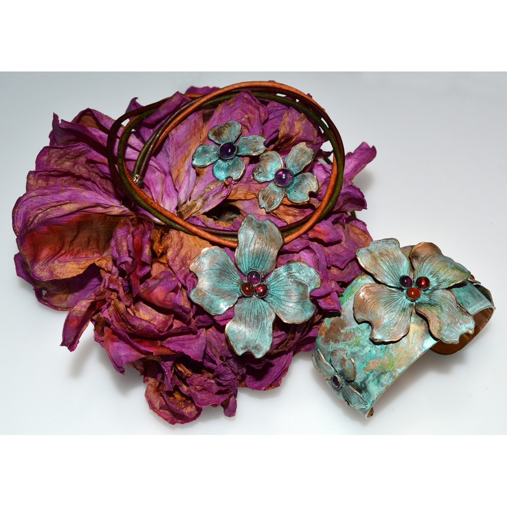 Verdigris Patina Brass Graduated Dogwood Flowers Necklace - Amethyst, Carnelian, Garnet