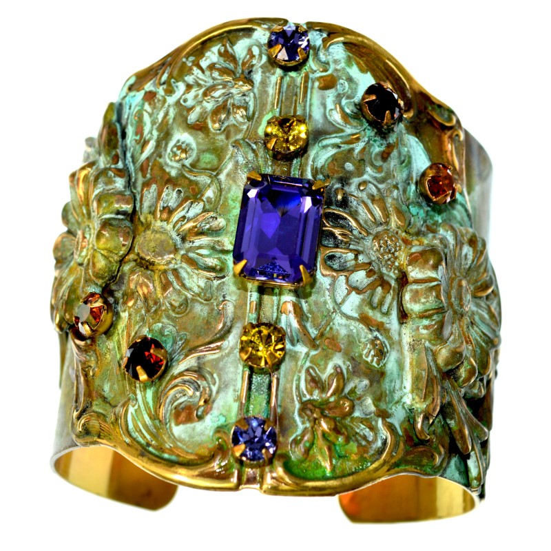 Olive Patina Solid Brass Zinnias Floral Wide Cuff - European Crystals