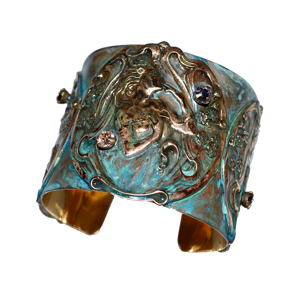 Verdigris Patina Art Nouveau Lady Floral Cuff with Tanzanite, Pale Rose, Ametyst Crystal