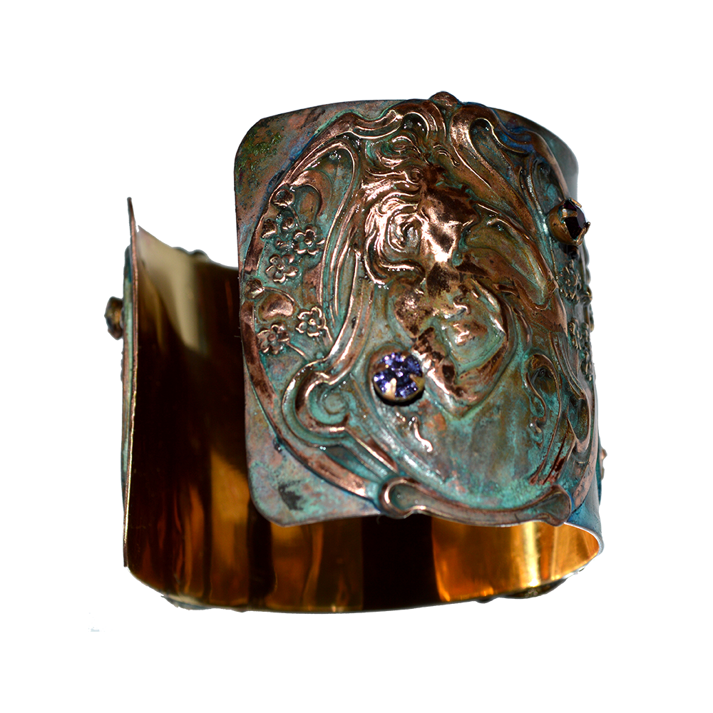Verdigris Patina Art Nouveau Lady Floral Cuff with Tanzanite, Pale Rose, Ametyst Crystal