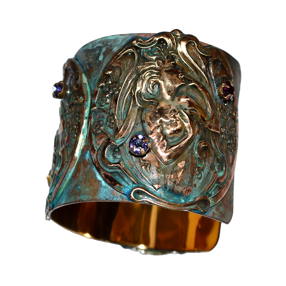 Verdigris Patina Art Nouveau Lady Floral Cuff with Tanzanite, Pale Rose, Ametyst Crystal