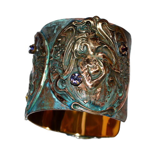 Verdigris Patina Art Nouveau Lady Floral Cuff with Tanzanite, Pale Rose, Ametyst Crystal